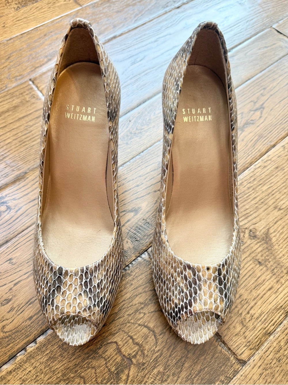 STUART WEITZMAN Plainfield Snake-Print Peep Toe Heels in Neutral Brown - Picture 2 of 8